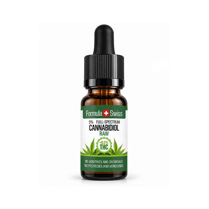 Φιαλίδιο 10 ml με σταγονόμετρο: RAW έλαιο CBD της Formula Swiss, 5% CBD πλήρους φάσματος, ετικέτα με φύλλο κάνναβης