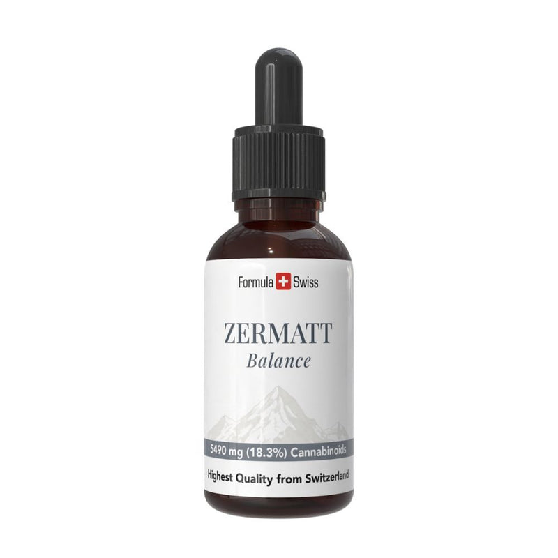 Φιάλη ελαίου CBD Zermatt με το λογότυπο Formula Swiss σε λευκό φόντο